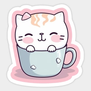 Cute Kawaii Kitty in a Blue Coffee Cup Sticker